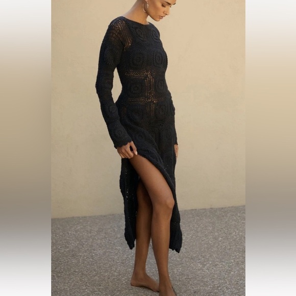 Anthropologie Dresses & Skirts - Anthropologie Bohemian Black Crochet Knit Long-Sleeve Midi Dress Large